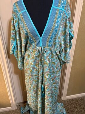 Women’s Turquoise Floral Print Kimono Caftan with Drawstring